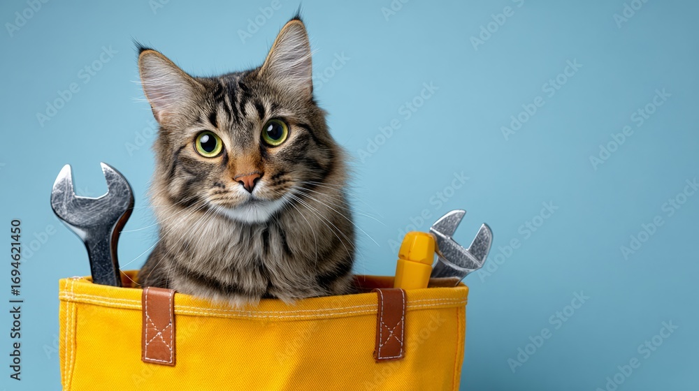 Poster a cat is sitting in a yellow bag with a wrench and a screwdriver. the cat is looking at the camera w