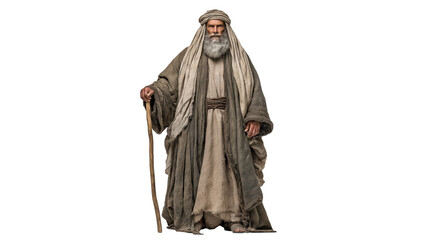 Naklejka premium Noah full body on transparent background, biblical character portrait in ancient robe with staff, isolated PNG figure for Christian themes.
