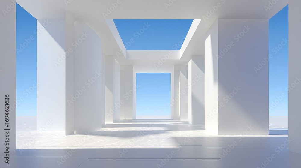 Poster modern white architectural corridor with columns and an open ceiling showing a clear blue sky in bri
