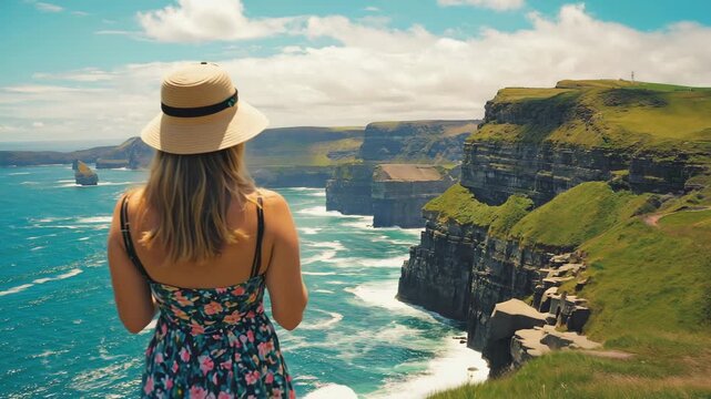 Woman in a summer dress and hat standing on a grassy cliff edge, admiring the breathtaking view of the rugged Cliffs of Moher and the Atlantic Ocean on a sunny day in Ireland.