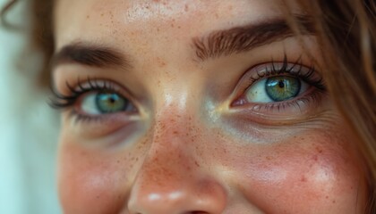 Fototapeta premium Close-up of beautiful green eyes with joy, subtle freckles. Highly detailed, realistic photo natural beauty, radiant skin, expressive look. Perfect for beauty, wellness, lifestyle concepts.