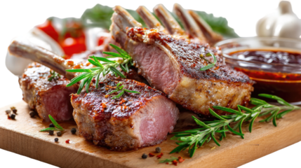 Set of lamb chops, steak, rack of lamb, rib and leg BBQ grill on transparent background
