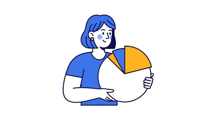 Modern flat vector illustration of a professional woman holding a pie chart, representing data analysis, statistics, and business presentation on a white background