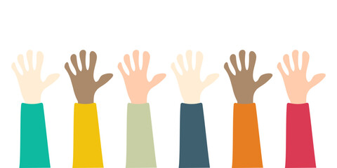 Voting concept in flat style -Vote paper, democracy concept. Hands up. Freedom of speech, fairness of choice and opinion.