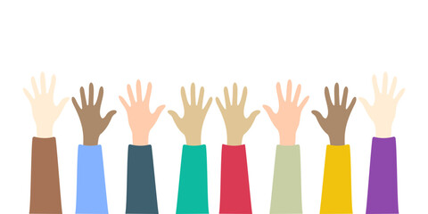 Obraz premium Voting concept in flat style -Vote paper, democracy concept. Hands up. Freedom of speech, fairness of choice and opinion.