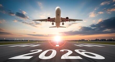 Plane taking off on runway at sunset in year future travel tourism flight transportation aviation airline 2026