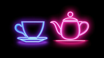 Neon teacup and teapot on black background