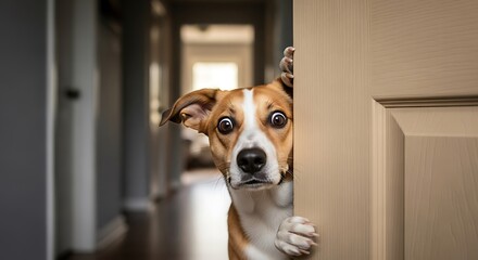 A frightened brown and white dog with wide, expressive eyes peeks around a corner inside a house.