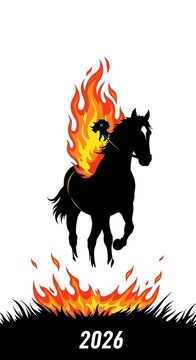 A fiery steed leaps over flames in a bold graphic design for 2026.