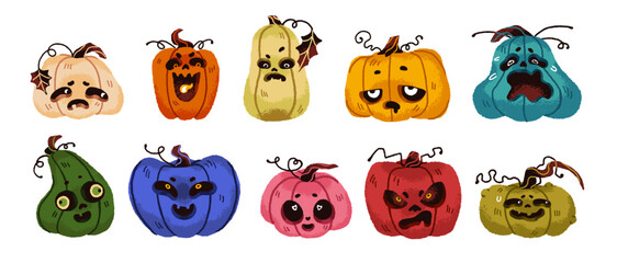 Set of Halloween pumpkins with different emotions. Gourds with cut faces of Jack character. Scary squashes for autumn holiday. Spooky decoration. Flat isolated vector illustrations on white background