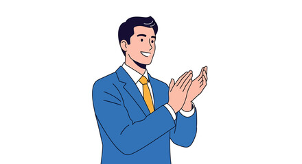 Obraz premium Vector illustration of a smiling young businessman in a blue suit clapping his hands. Successful professional character showing appreciation and applause