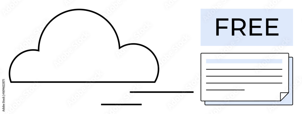 Poster cloud outline with motion lines next to a document marked free. ideal for cloud storage, data sharin