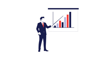 Businessman in a formal suit delivering a presentation, pointing at a bar graph on a screen to illustrate successful business growth and financial analytics