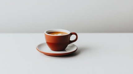 Single espresso cup of coffee, latte art, on white table