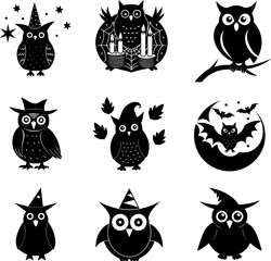Halloween owls silhouette icons set vector illustration