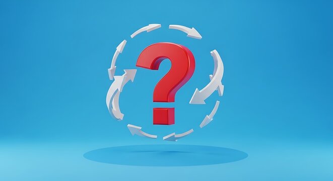 Red question mark with arrows around it concept of problem solving and finding answers solution idea