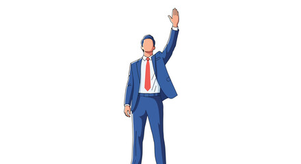 Professional man in a blue suit and red tie standing with an arm raised, signaling a greeting, a call to attention, or a moment of triumph, isolated on white