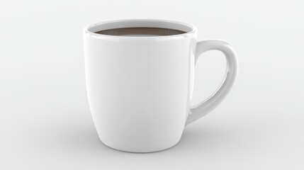 White mug filled with dark liquid on a white background