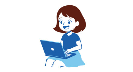 Happy young girl smiling while using a laptop computer for online education and e-learning, isolated cartoon character