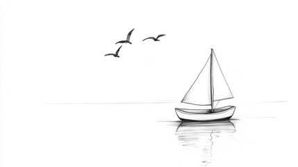 Simple sailboat sketch, birds in sky, calm water reflection