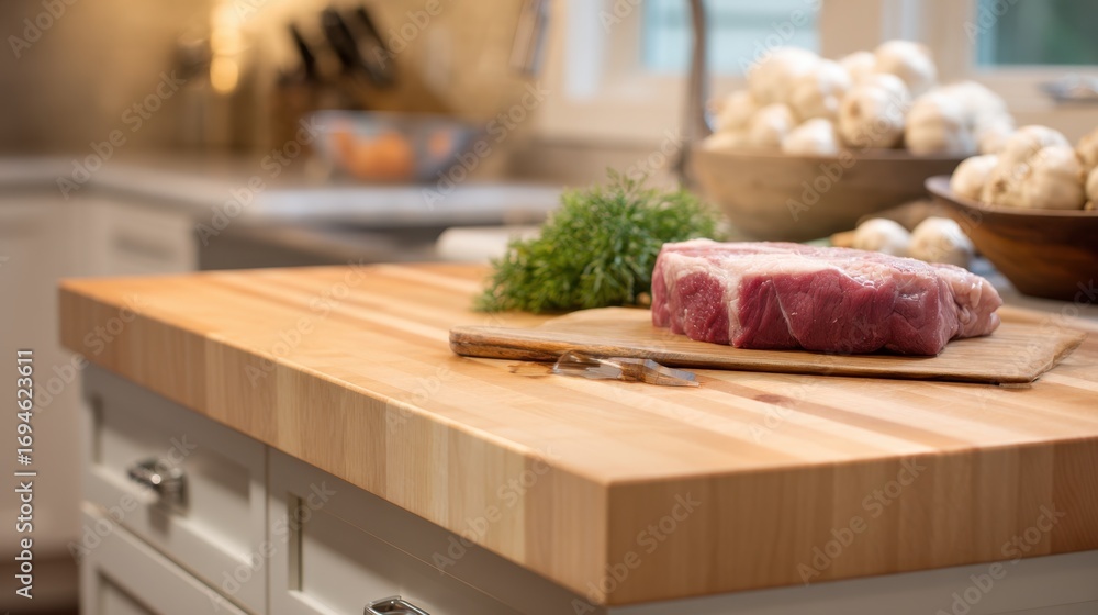 Poster smooth maple butcher block with subtle color tones highlighting a clean organized meat prep area foc