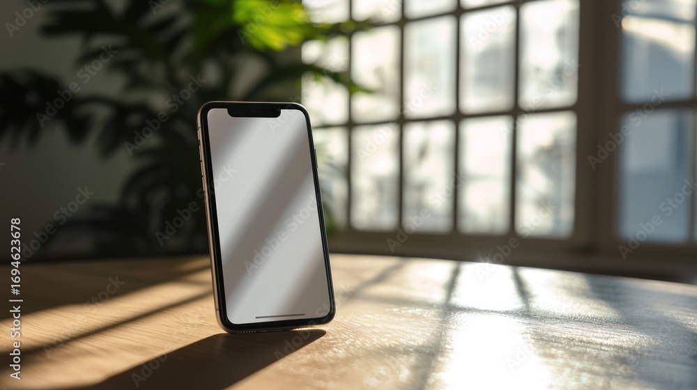 Poster a smartphone with a blank screen on a wooden table with sunlight shining through a window.