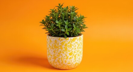 Green Plant in Yellow and White Pot Against Orange Background