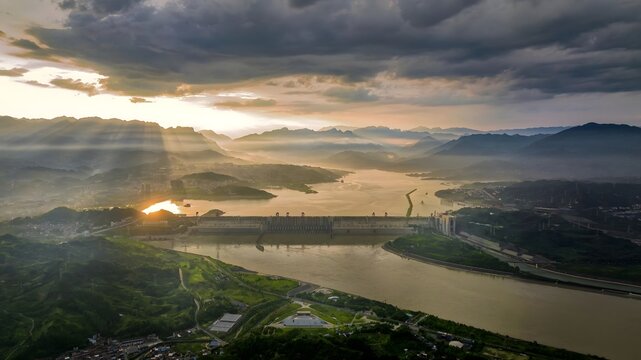 Three Gorges Dam Yangtze River sunset aerial view misty mountains Yichang China landscape