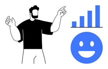 Man pointing with confident expression, upward growth bars, and happy face indicating progress, motivation, and achievement. Ideal for business, marketing, training, feedback analytics success