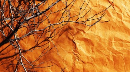 Dried branches on crumpled orange paper