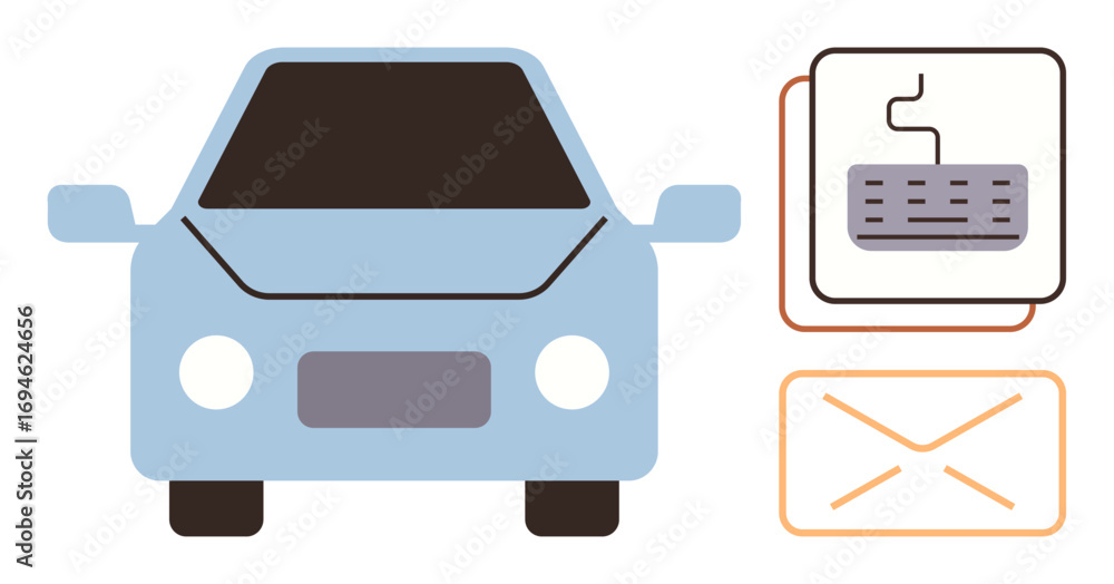 Poster blue car front view paired with a keyboard and envelope to indicate digital communication and techno