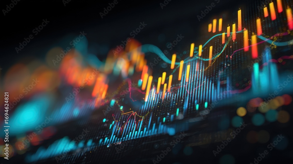 Poster abstract financial stock market chart with glowing candlestick and line graphs on a dark background 