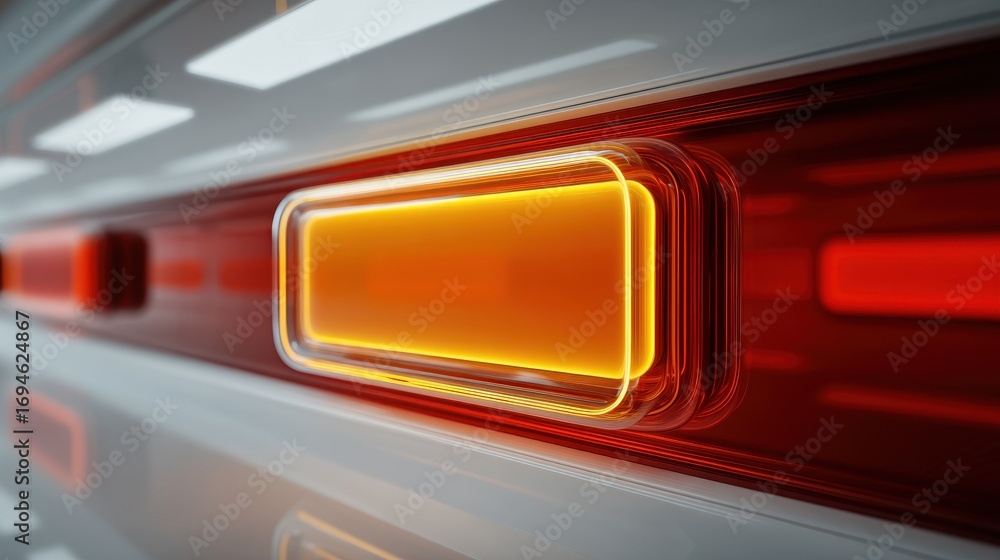 Poster futuristic technology background with glowing orange and red lights in a modern abstract corridor wi
