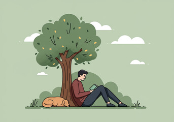 Man relaxing under tree reading book with his dog on a warm peaceful day
