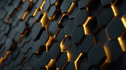 Abstract futuristic technology background with a dark hexagonal grid pattern and glowing golden energy light