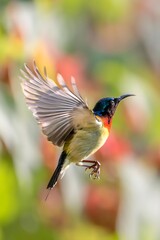 Fototapeta premium Fork-tailed sunbird in flight with spread wings and colorful iridescent plumage against vibrant bokeh background