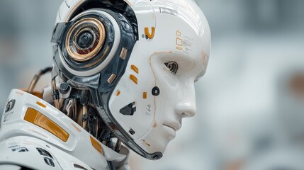 Futuristic humanoid robot with advanced cybernetic parts and a glossy white face representing artificial intelligence and modern technology