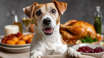 A dog is standing in front of a table with a lot of food on it, including a turkey