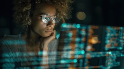 Thoughtful female IT specialist working on a computer in a dark room with screen data reflected in her glasses