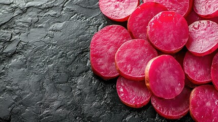 Sliced radishes on dark stone surface