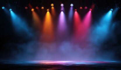Colorful stage lights illuminating a smoky stage