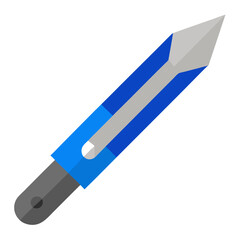 Blue utility knife with silver blade and grey knob cutter vector on white background.