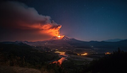 Volcanic eruption at night.  A majestic mountain erupts, fiery clouds billowing against a starlit sky