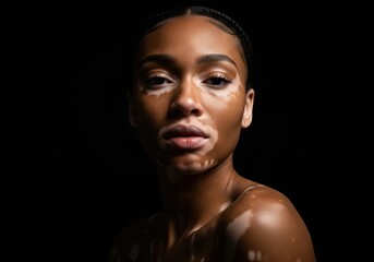 Beautiful african american woman with vitiligo in a studio portrait on a black background