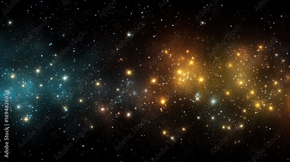 Poster blue and orange cosmic background with glowing stars and nebula in deep space representing the unive