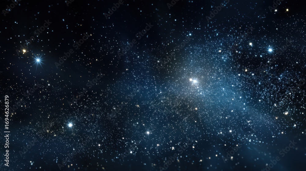Poster abstract cosmic background of a starry night sky with a glowing blue nebula and sparkling stars in t