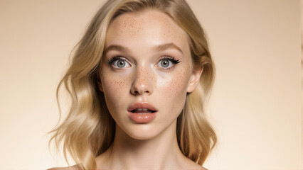 Naklejka premium A beauty portrait with minimal makeup. The young woman has a subtle highlighter on her cheekbones and soft eyeliner to accentuate her eyes.