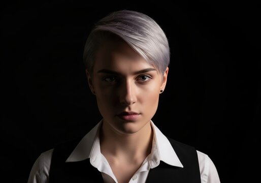Portrait of a woman with short silver hair a dramatic and confident modern look