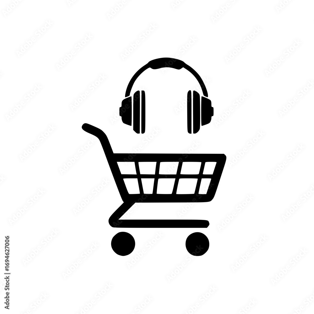 Poster shopping cart vector with small bluetooth headset icon for ecommerce and tech product design