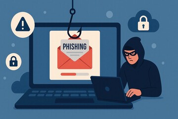 Phishing cybersecurity illustration with a laptop, a hacker figure, a fishing hook, and security icons